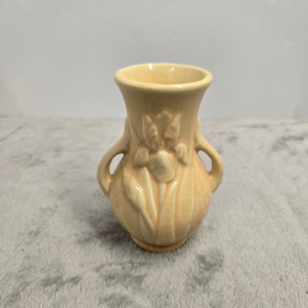 Vintage USA Pottery Yellow Iris Bud Vase Double Handle 4.5 Inch Crazed Glaze